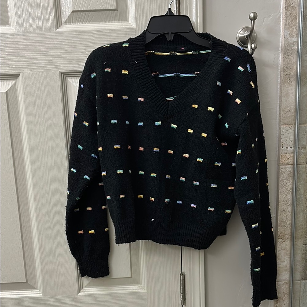 J.O.A. Black V-Neck Sweater with Vintage-Inspired Knit